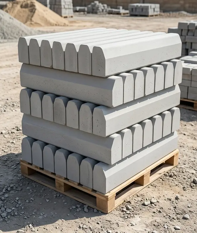 Stacked half-round kerb stones ready for dispatch at the yard