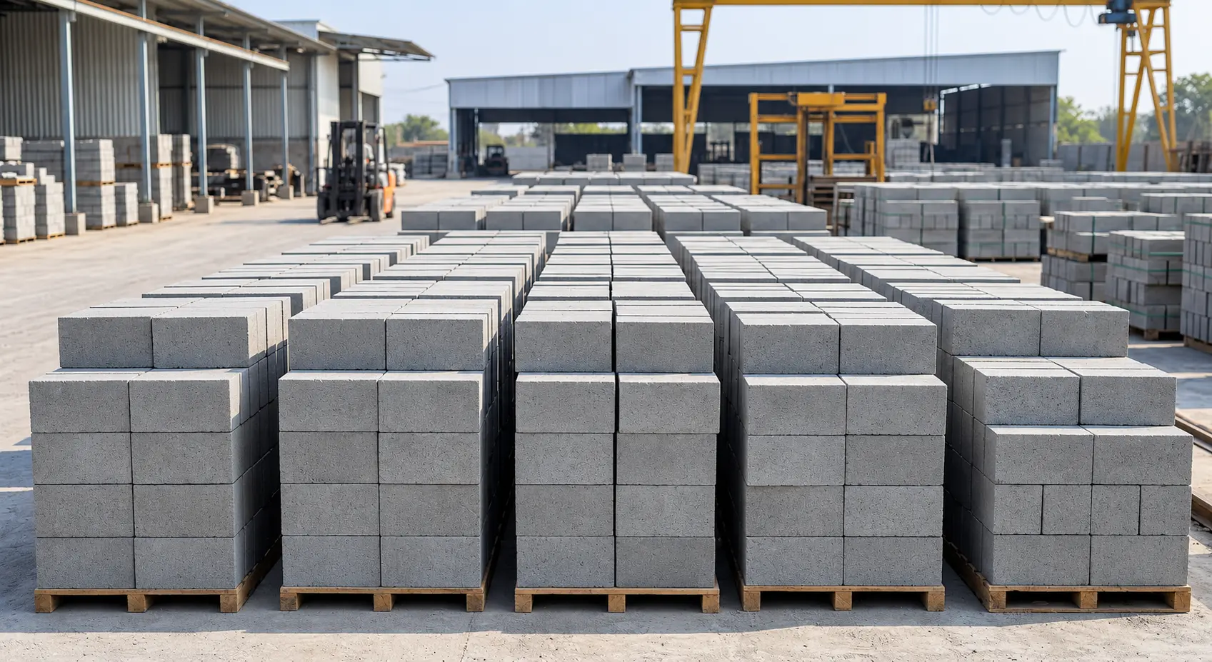Rows of solid concrete blocks stacked on pallets in the factory yard