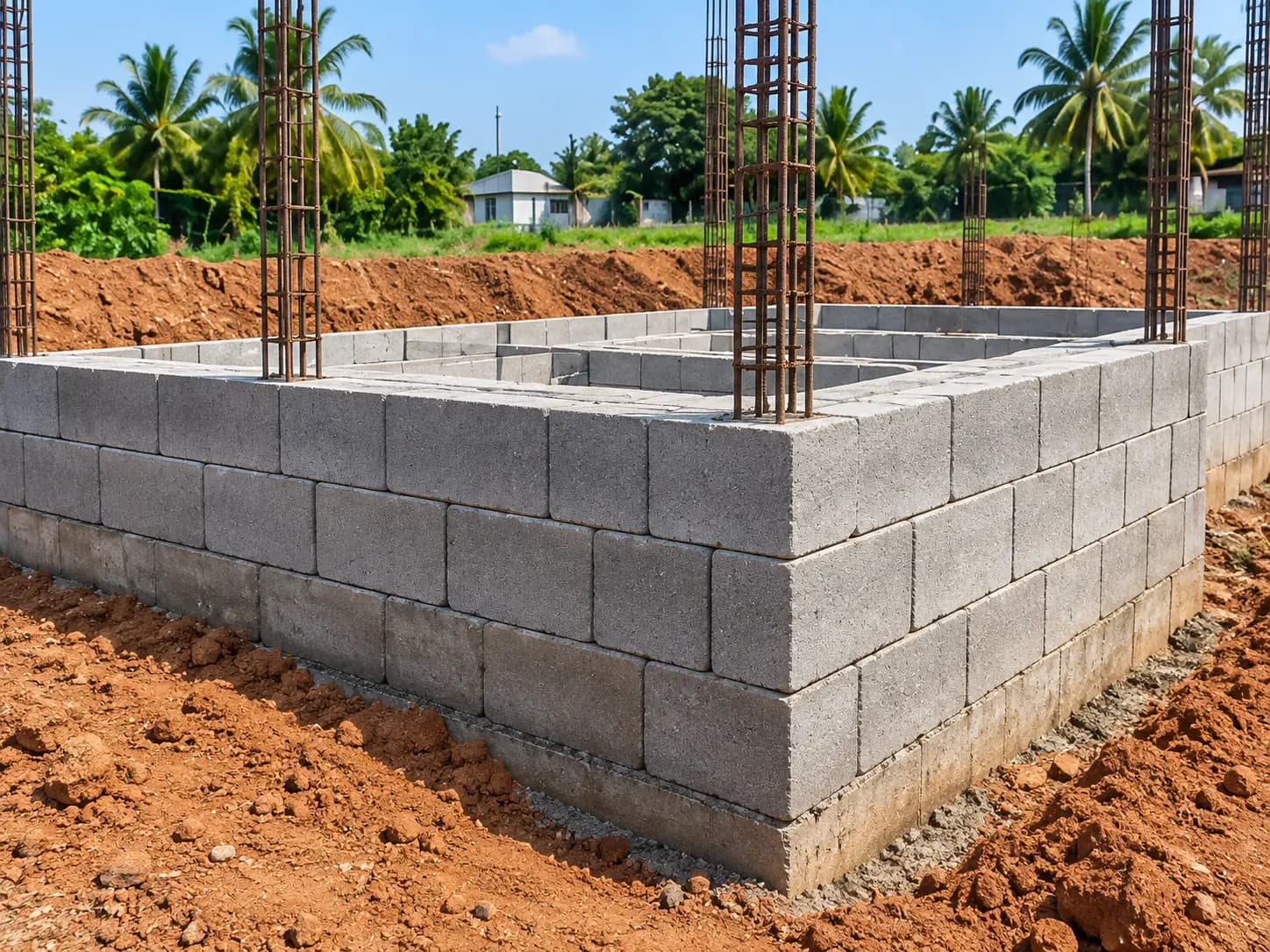 Foundation wall built from solid concrete blocks at a construction site