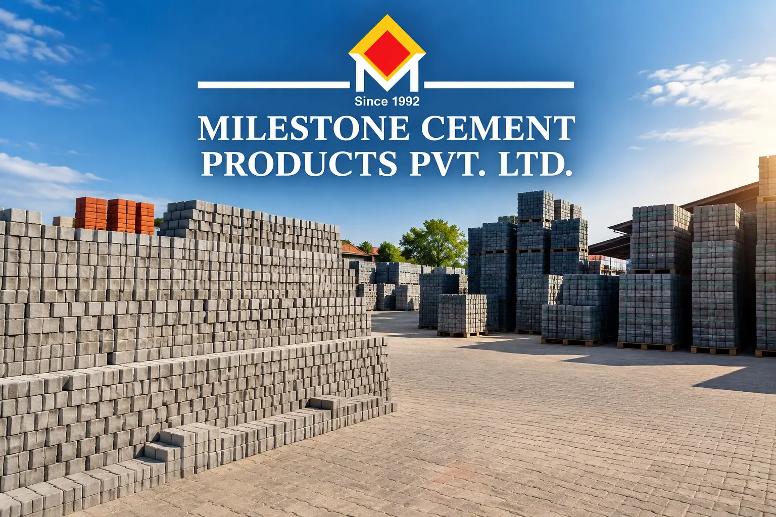 Milestone Cement Products stockyard with stacked paver blocks