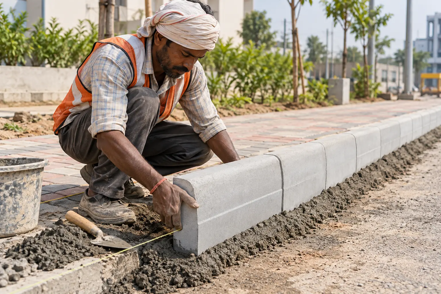 Worker setting a kerb stone along a string line beside a freshly laid paver block surface