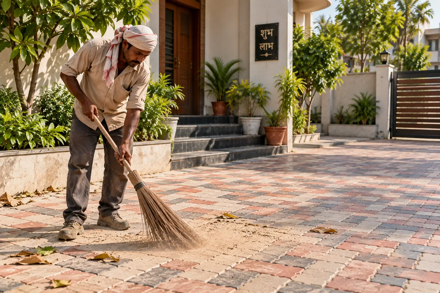 Worker sweeping leaves and loose debris off a paver block driveway before sealing