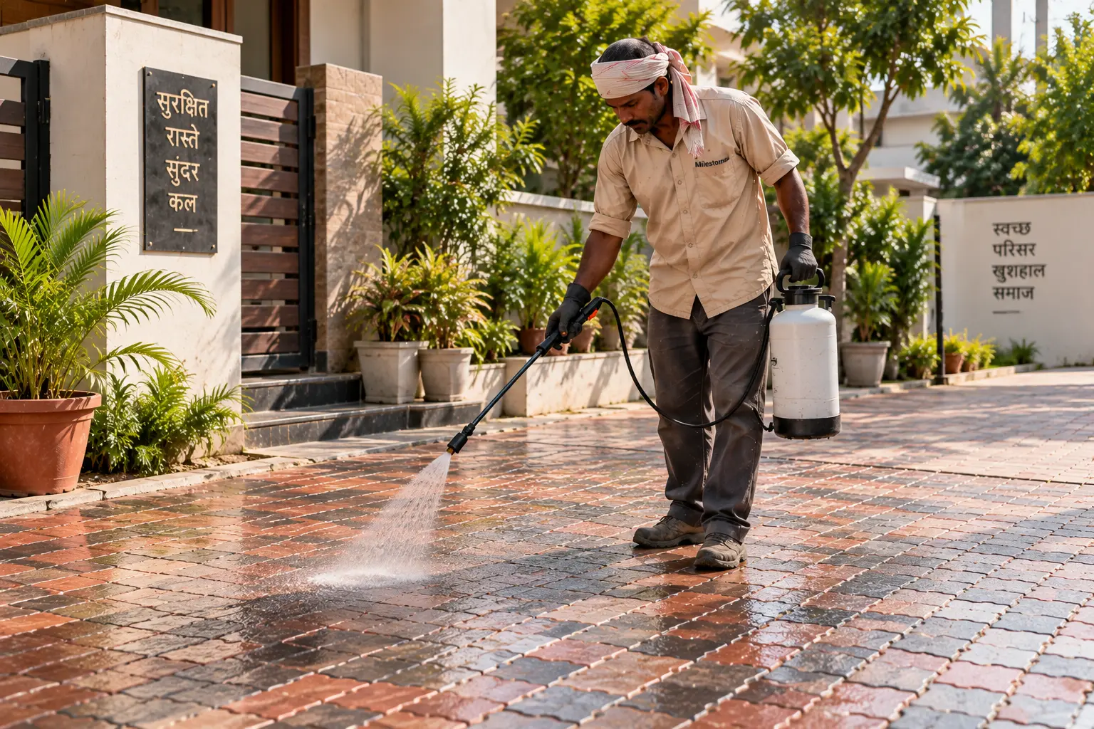 Milestone team member spraying sand-binding sealant across a paver block driveway