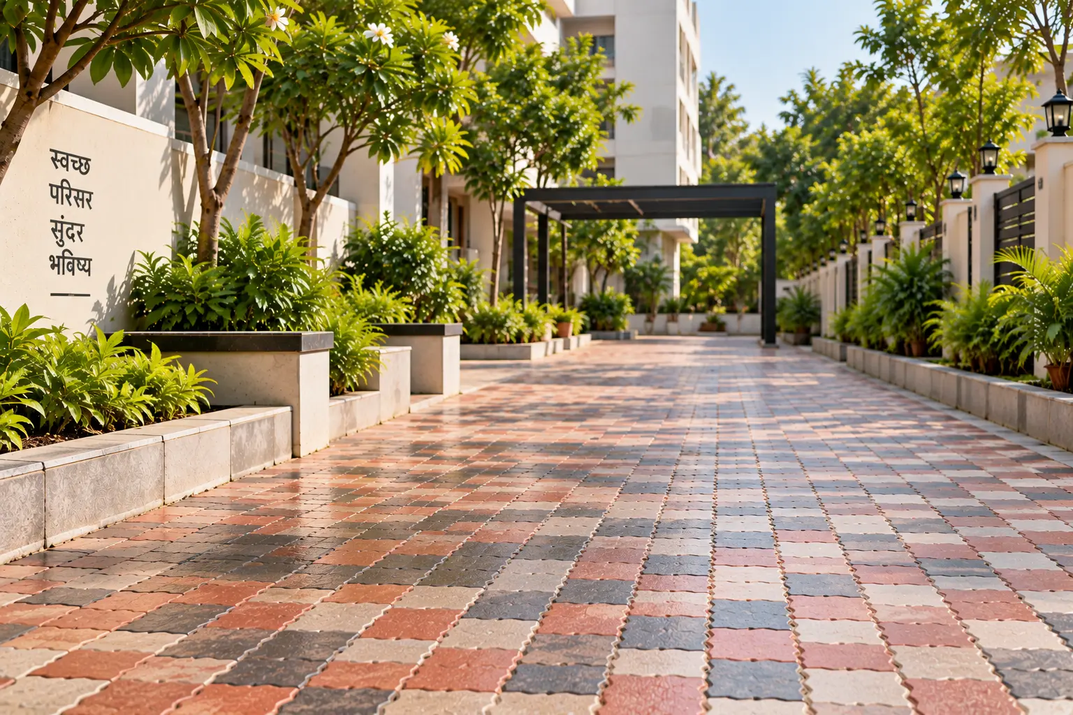 Clean, sealed paver block walkway in a landscaped residential complex