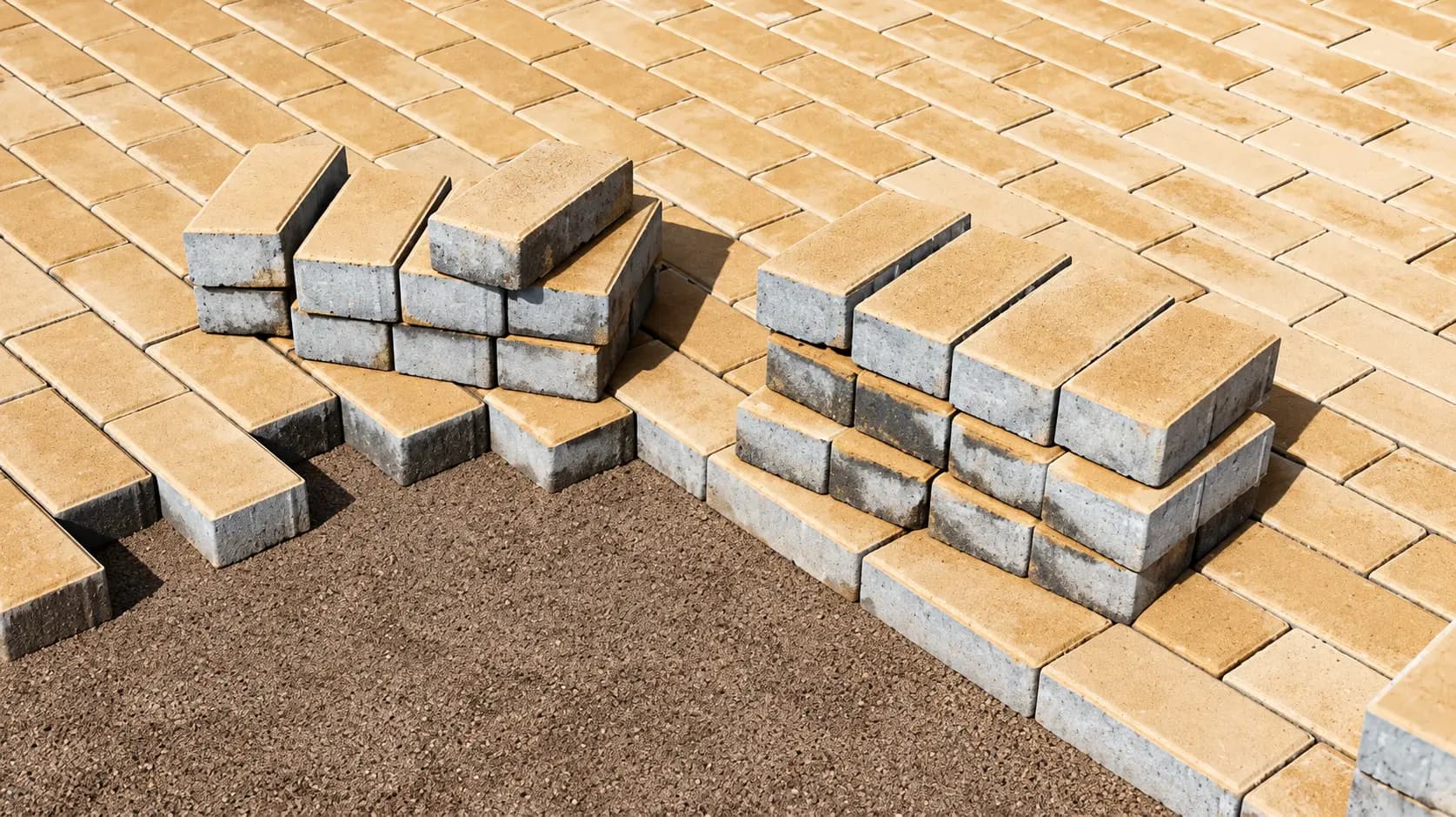 Paver blocks laid over a compacted sand bed with spare pieces stacked at the edge of the surface