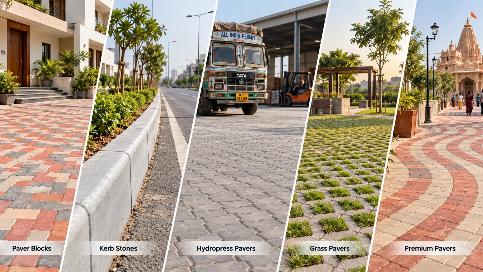 Five paver product ranges side by side — paver blocks, kerb stones, hydropress pavers, grass pavers and premium pavers