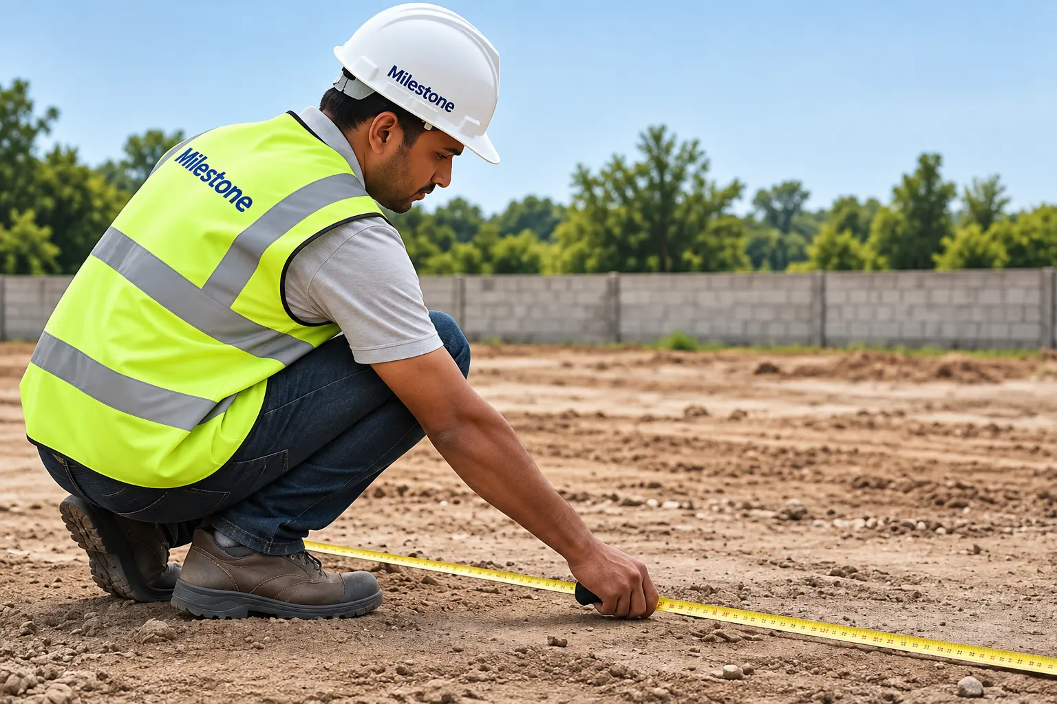 Milestone team member measuring and analyzing the surface with a tape measure before installation
