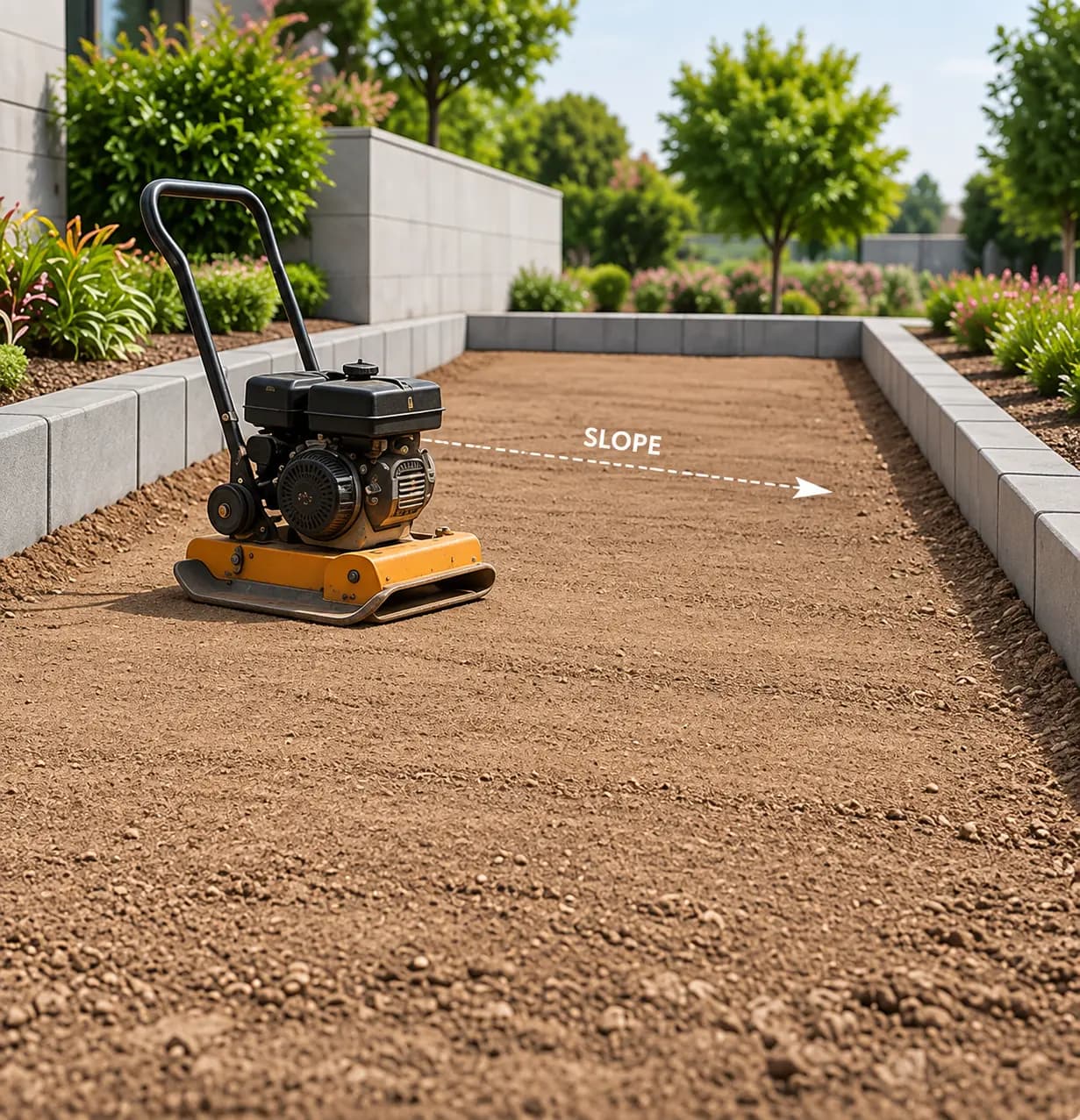 Plate compactor levelling an excavated area bordered by kerb stones
