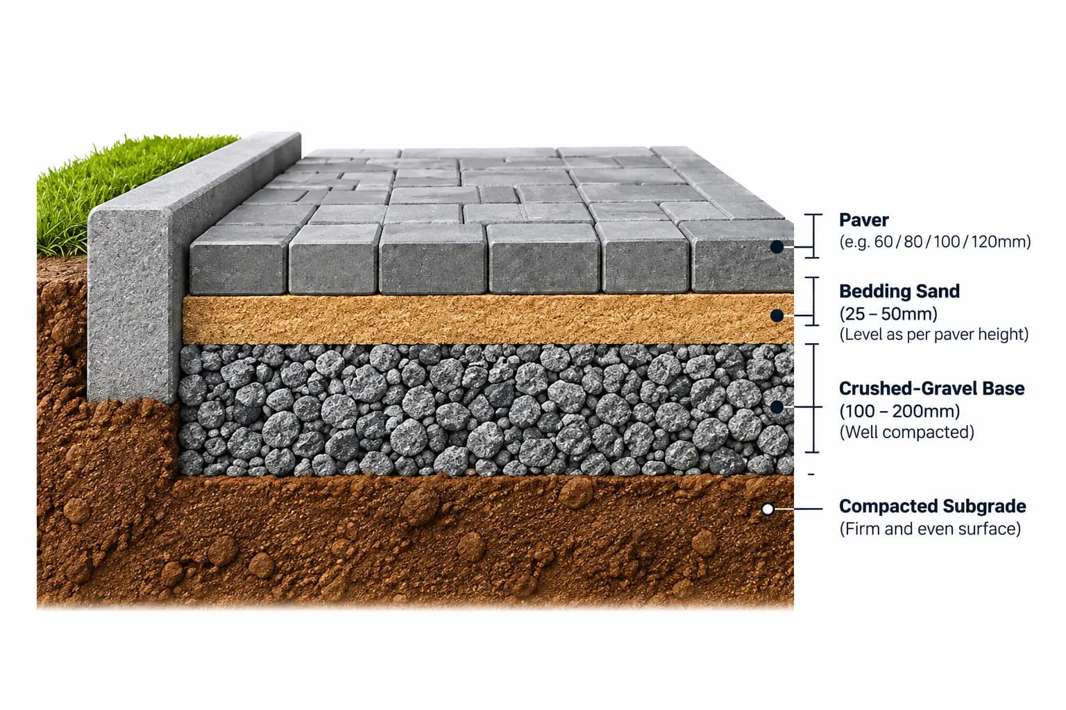 Cross-section diagram showing paver, bedding sand, crushed-gravel base and compacted subgrade layers