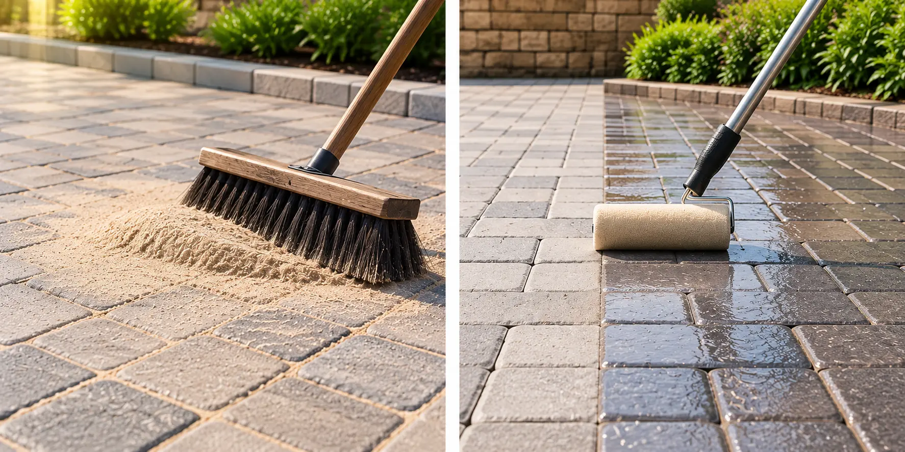 Sweeping sand into paver joints with a push broom, then rolling on sealant