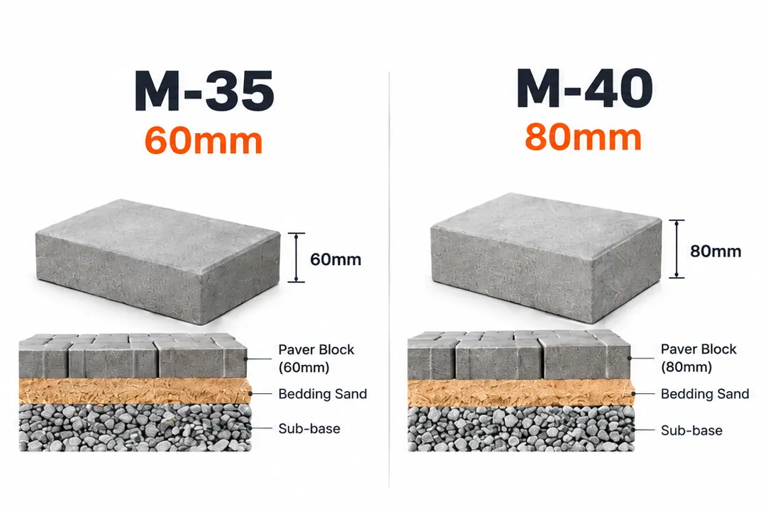 Cross-section diagram comparing M-35 60mm and M-40 80mm paver blocks over bedding sand and sub-base