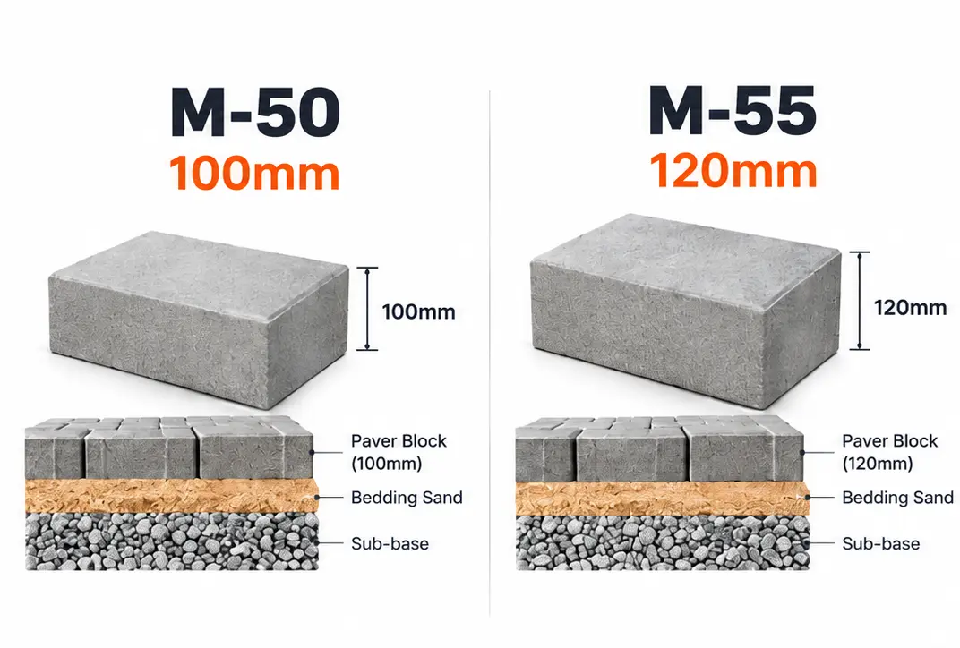 Cross-section diagram comparing M-50 100mm and M-55 120mm paver blocks over bedding sand and sub-base