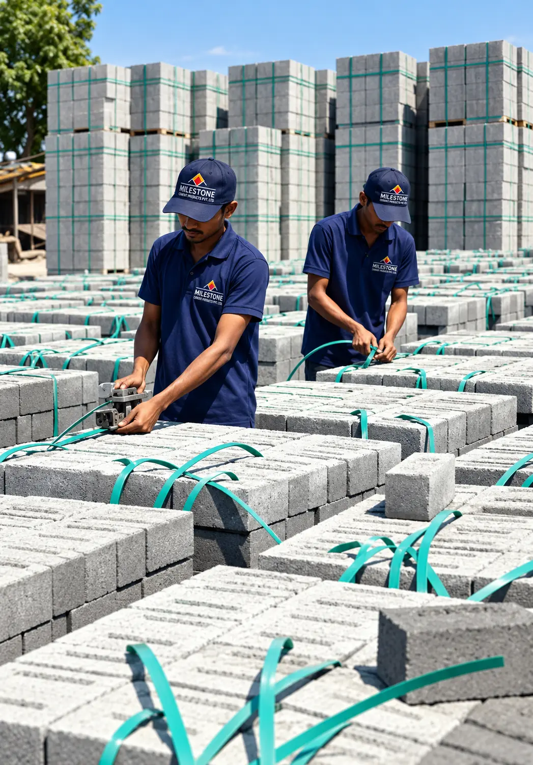 Milestone team members strapping pallets of finished paver blocks in the stockyard